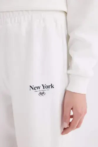 Wide Leg Eşofman Altı Baskılı Beli Lastikli Geniş Bol Paça-Ekru - 5