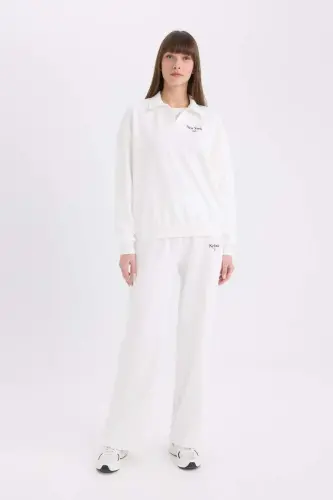Wide Leg Eşofman Altı Baskılı Beli Lastikli Geniş Bol Paça-Ekru - 3