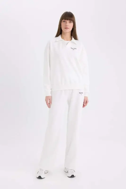 Wide Leg Eşofman Altı Baskılı Beli Lastikli Geniş Bol Paça-Ekru - 3