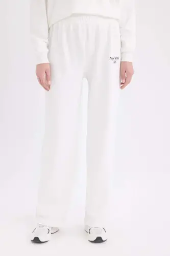 Wide Leg Eşofman Altı Baskılı Beli Lastikli Geniş Bol Paça-Ekru - 4