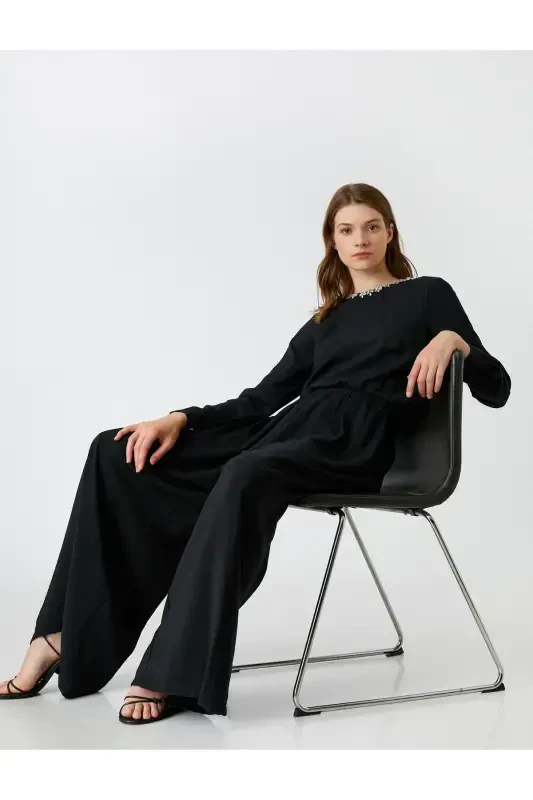 Wide Leg Evening Jumpsuit Stone Detailed Collar - 1