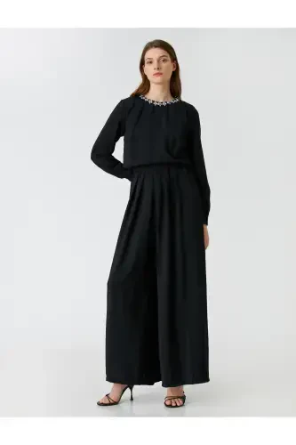 Wide Leg Evening Jumpsuit Stone Detailed Collar - 2