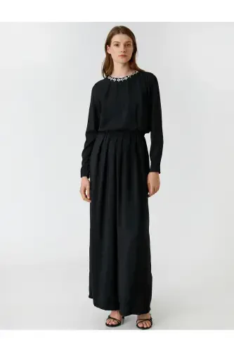 Wide Leg Evening Jumpsuit Stone Detailed Collar - 3