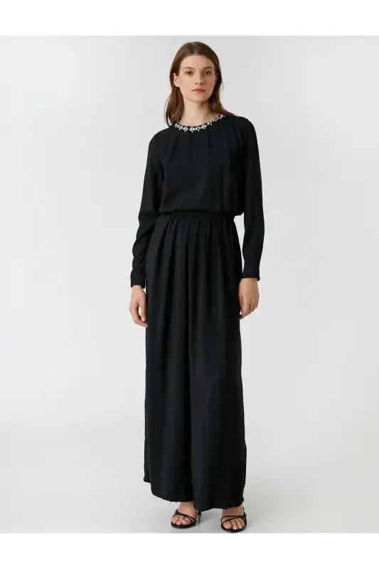 Wide Leg Evening Jumpsuit Stone Detailed Collar - 3