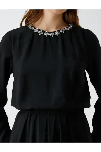 Wide Leg Evening Jumpsuit Stone Detailed Collar - 5