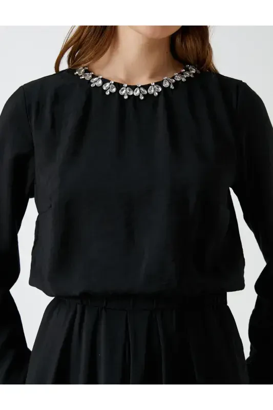 Wide Leg Evening Jumpsuit Stone Detailed Collar - 5