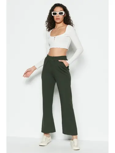 Wide Leg Flared Sweatpants 736 Khaki-Khaki - 1