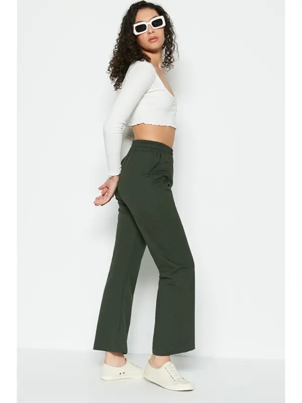 Wide Leg Flared Sweatpants 736 Khaki-Khaki - 2