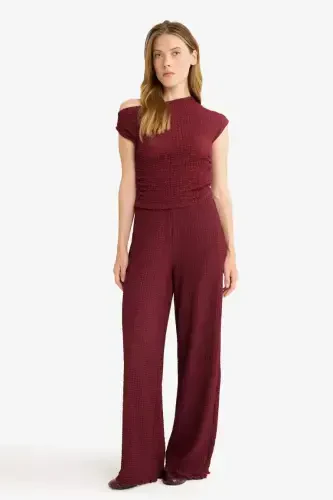 Wide Leg Geniş Bol Paça Bürümcük Pantolon-Bordo - DEFACTO (1)
