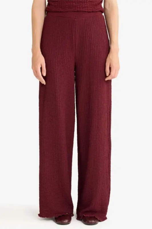 Wide Leg Geniş Bol Paça Bürümcük Pantolon-Bordo - 5