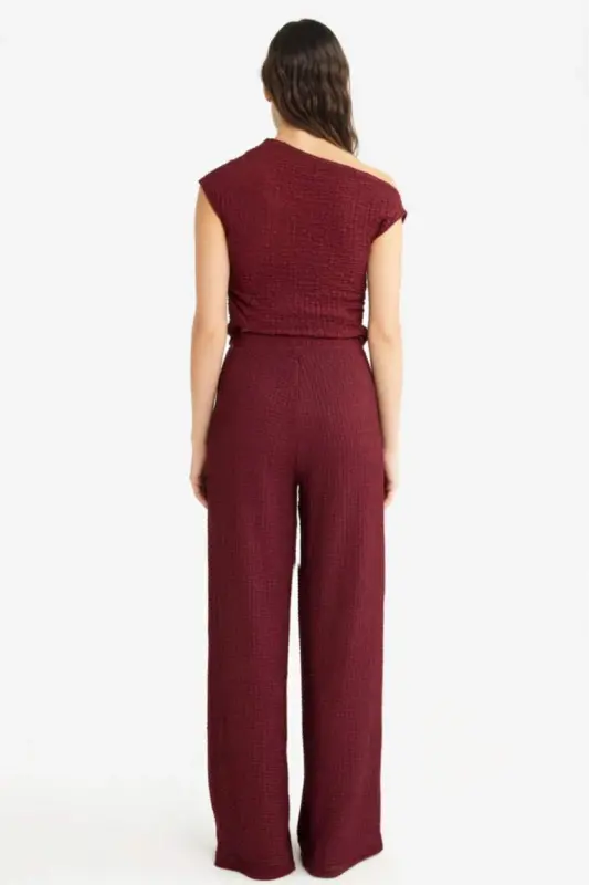 Wide Leg Geniş Bol Paça Bürümcük Pantolon-Bordo - 7