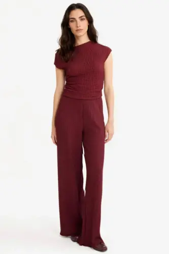 Wide Leg Geniş Bol Paça Bürümcük Pantolon-Bordo - 8