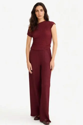 Wide Leg Geniş Bol Paça Bürümcük Pantolon-Bordo - 10
