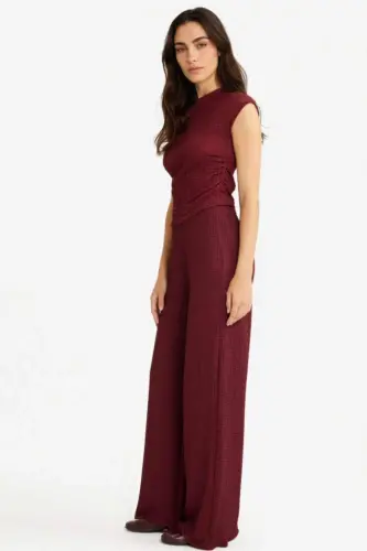 Wide Leg Geniş Bol Paça Bürümcük Pantolon-Bordo - 11