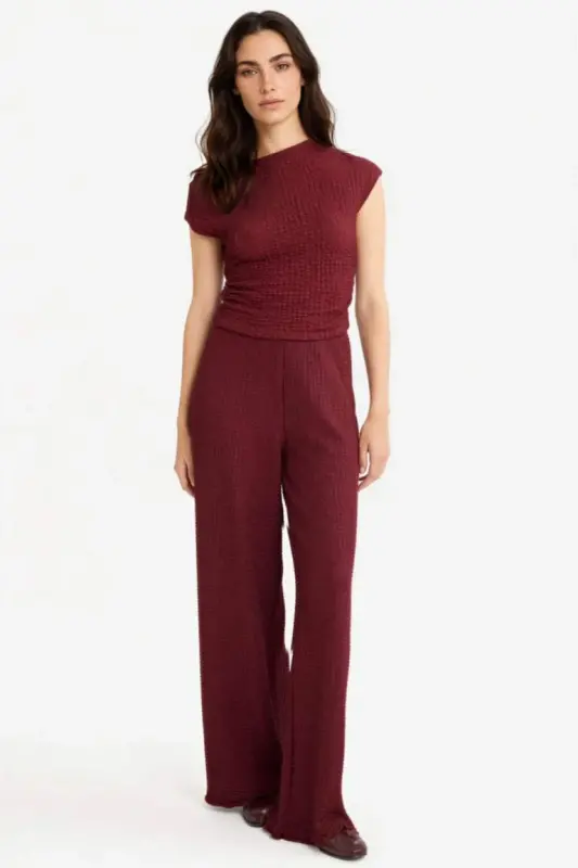 Wide Leg Geniş Bol Paça Bürümcük Pantolon-Bordo - 1