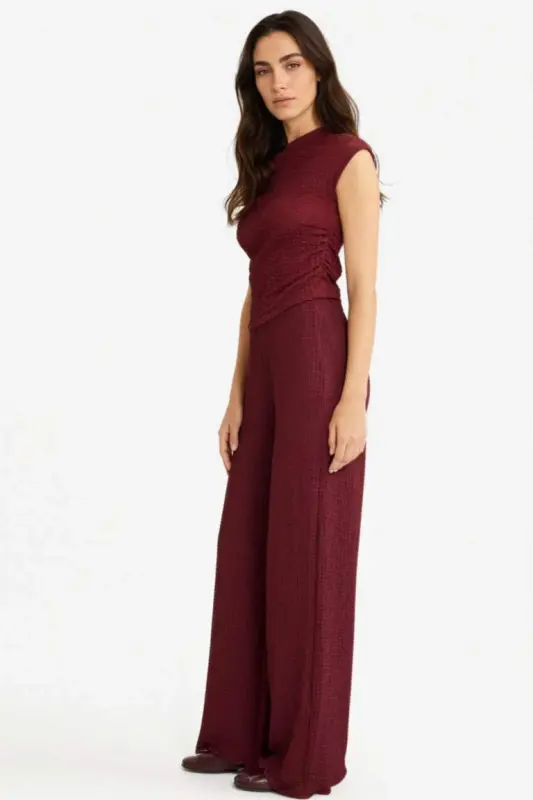 Wide Leg Geniş Bol Paça Bürümcük Pantolon-Bordo - 4