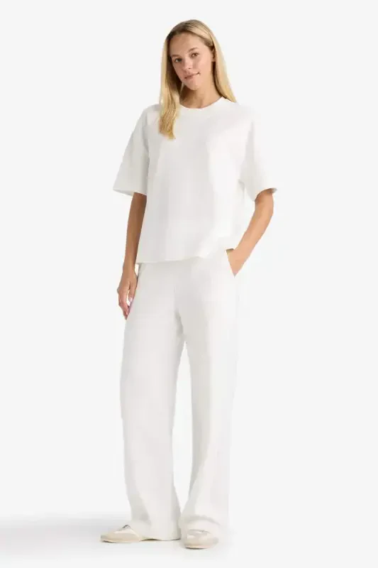 Wide Leg Geniş Bol Paça Eşofman Altı Beli Lastikli Cepli Basic Düz-Ekru - 2