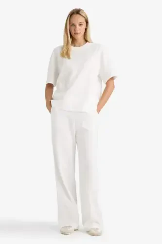 Wide Leg Geniş Bol Paça Eşofman Altı Beli Lastikli Cepli Basic Düz-Ekru - 4