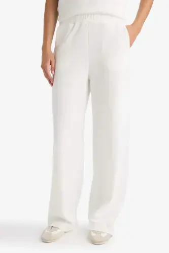 Wide Leg Geniş Bol Paça Eşofman Altı Beli Lastikli Cepli Basic Düz-Ekru - 5