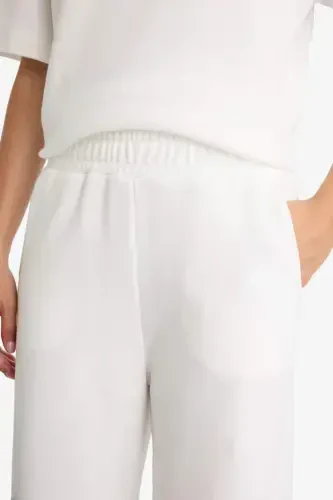 Wide Leg Geniş Bol Paça Eşofman Altı Beli Lastikli Cepli Basic Düz-Ekru - 6