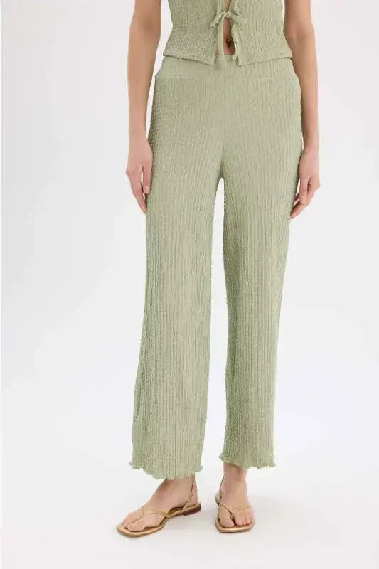 Wide Leg Geniş Paça Beli Lastikli Basic Düz Bürümcük Pantolon-Mint - 3