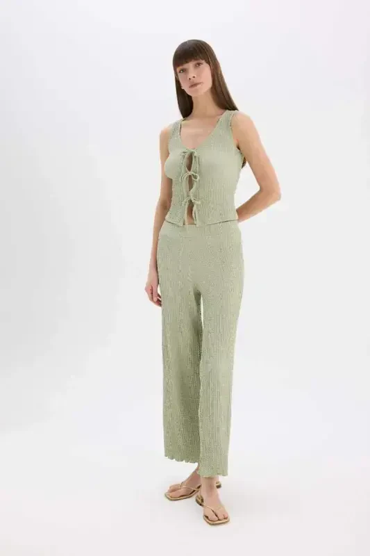 Wide Leg Geniş Paça Beli Lastikli Basic Düz Bürümcük Pantolon-Mint - 1