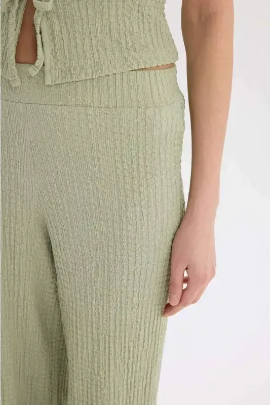Wide Leg Geniş Paça Beli Lastikli Basic Düz Bürümcük Pantolon-Mint - 4
