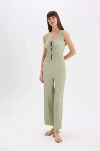 Wide Leg Geniş Paça Beli Lastikli Basic Düz Bürümcük Pantolon-Mint - 1