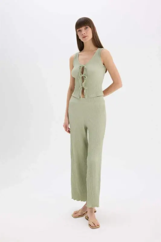 Wide Leg Geniş Paça Beli Lastikli Basic Düz Bürümcük Pantolon-Mint - 1
