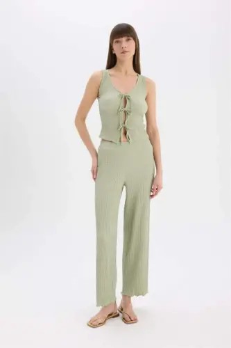 Wide Leg Geniş Paça Beli Lastikli Basic Düz Bürümcük Pantolon-Mint - 2