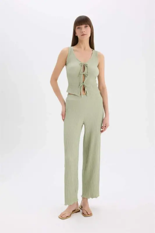 Wide Leg Geniş Paça Beli Lastikli Basic Düz Bürümcük Pantolon-Mint - 2