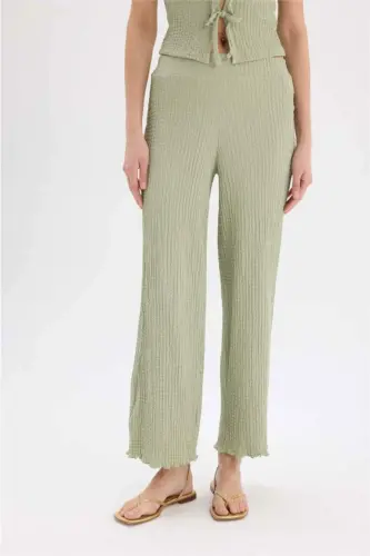 Wide Leg Geniş Paça Beli Lastikli Basic Düz Bürümcük Pantolon-Mint - 3