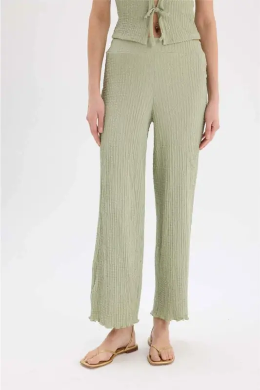 Wide Leg Geniş Paça Beli Lastikli Basic Düz Bürümcük Pantolon-Mint - 3