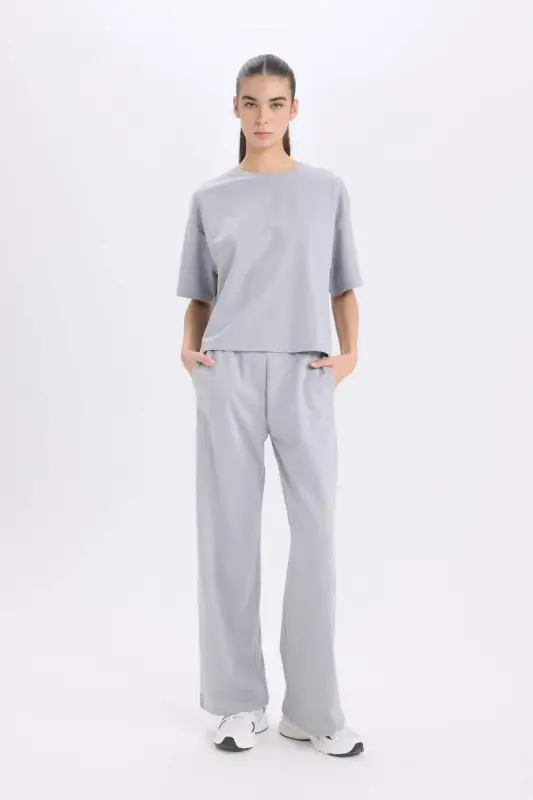 Wide Leg Eşofman Altı Beli Lastikli Cepli Basıc-Açık Gri - 1