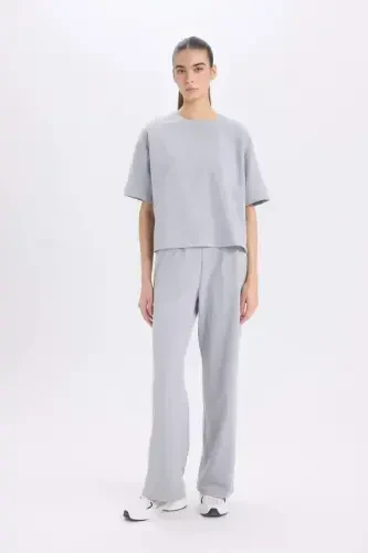 Wide Leg Geniş Paça Eşofman Altı Beli Lastikli Cepli Basic Düz-Açık Gri - DEFACTO (1)