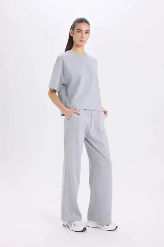 Wide Leg Eşofman Altı Beli Lastikli Cepli Basıc-Açık Gri - 3