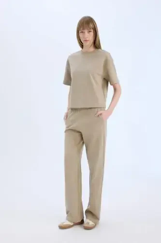 Wide Leg Geniş Paça Eşofman Altı Beli Lastikli Cepli Basic Düz-Açık Vizon - 1