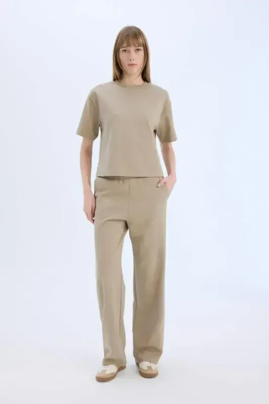 Wide Leg Geniş Paça Eşofman Altı Beli Lastikli Cepli Basic Düz-Açık Vizon - 2