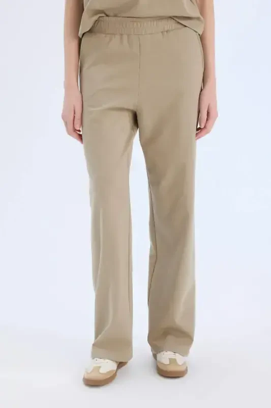 Wide Leg Geniş Paça Eşofman Altı Beli Lastikli Cepli Basic Düz-Açık Vizon - 4