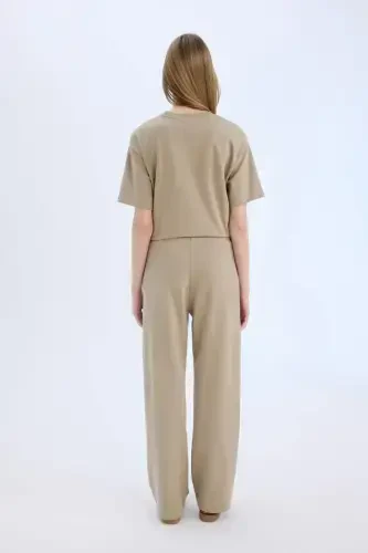 Wide Leg Geniş Paça Eşofman Altı Beli Lastikli Cepli Basic Düz-Açık Vizon - 6