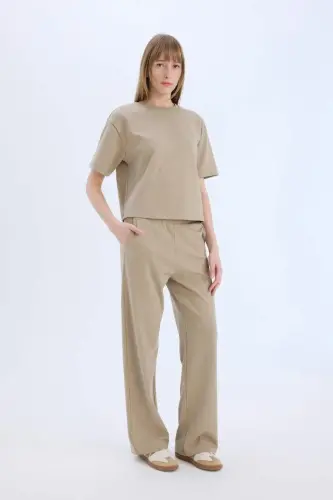 Wide Leg Geniş Paça Eşofman Altı Beli Lastikli Cepli Basic Düz-Açık Vizon - 3