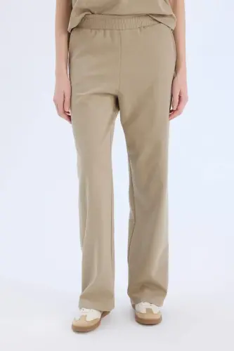 Wide Leg Geniş Paça Eşofman Altı Beli Lastikli Cepli Basic Düz-Açık Vizon - 4