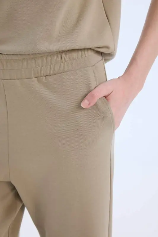 Wide Leg Geniş Paça Eşofman Altı Beli Lastikli Cepli Basic Düz-Açık Vizon - 5