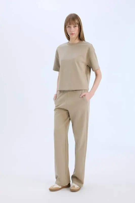Wide Leg Geniş Paça Eşofman Altı Beli Lastikli Cepli Basic Düz-Açık Vizon - 1