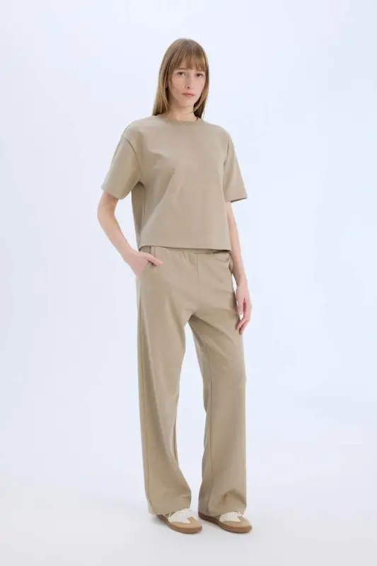 Wide Leg Geniş Paça Eşofman Altı Beli Lastikli Cepli Basic Düz-Açık Vizon - 3