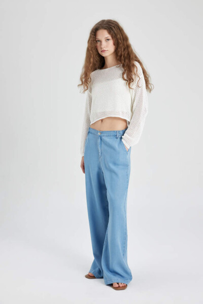 Wide Leg High Waisted Relaxed Fit Long Jean Pants Mint Blue - 3