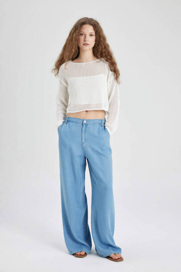 Wide Leg High Waisted Relaxed Fit Long Jean Pants Mint Blue - 5