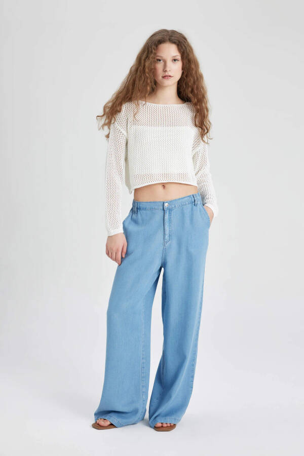 Wide Leg High Waisted Relaxed Fit Long Jean Pants Mint Blue - 8