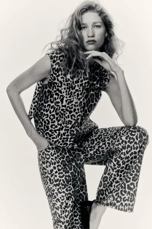 Wide Leg Jeans-Light beige/Leopard print - 1