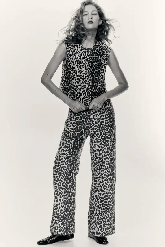 Wide Leg Jeans-Light beige/Leopard print - 2